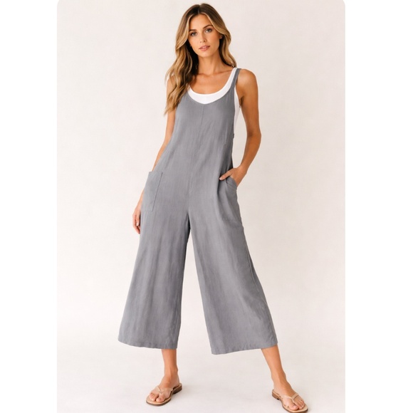Hunter & Brown Linen Blend Lagenlook Wide Leg Jumpsuit Overalls Gray Small - Picture 2 of 15